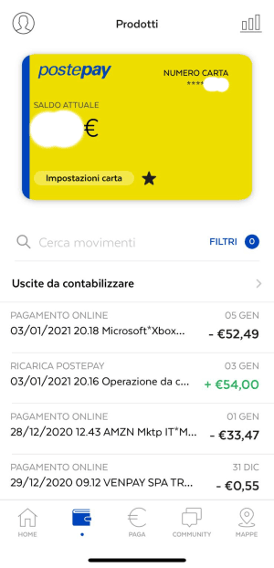 Lista movimenti app Postepay